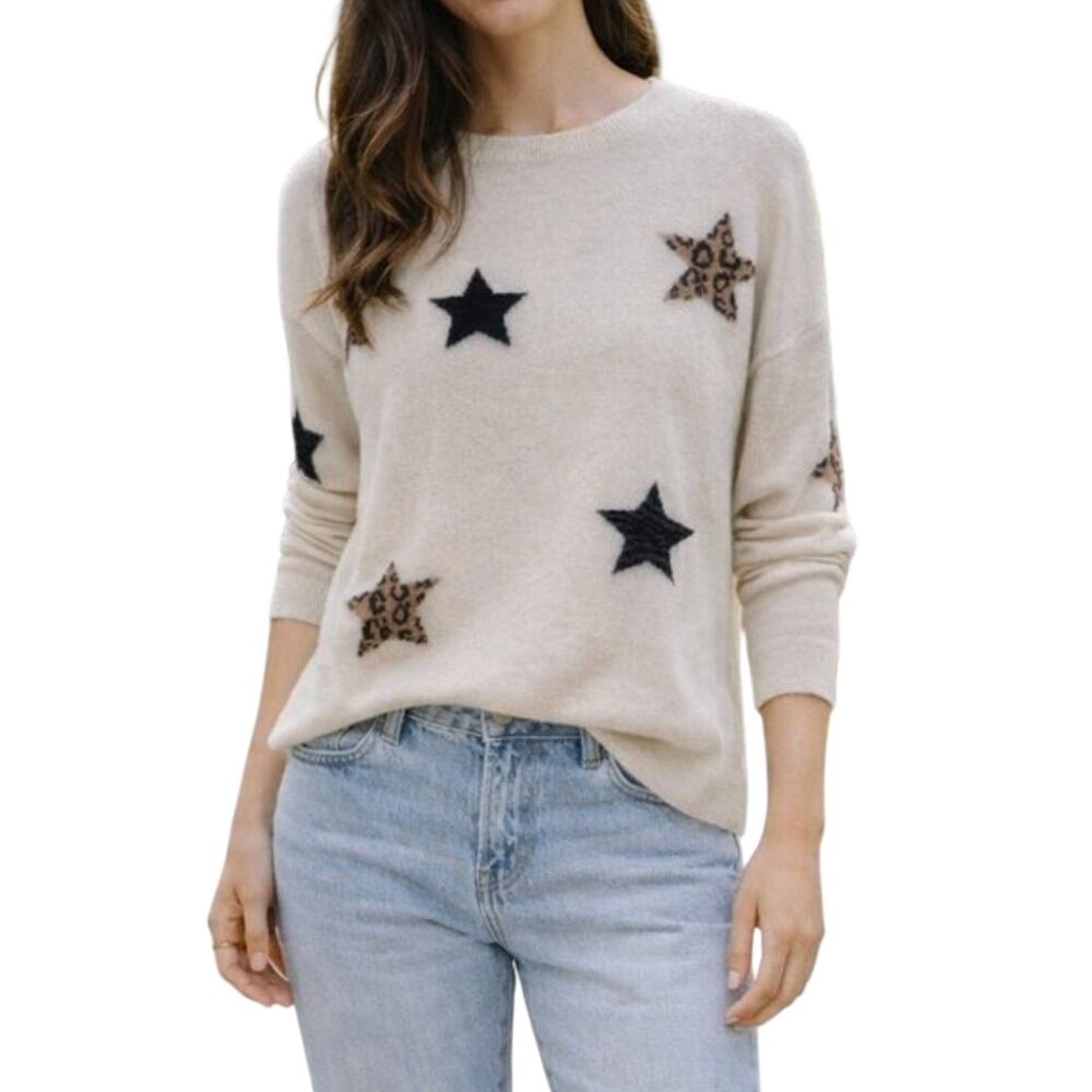 Magaschoni 100% Cashmere Sweater Cream Star Leopard size L
